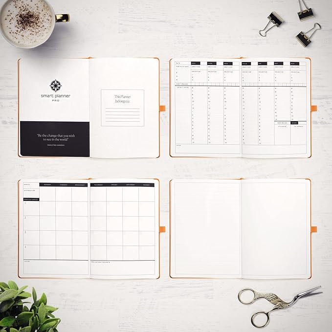 Smart Planner Pro – Undated Daily Planner – Large A4 – Achieve Goals & Increase Productivity with Weekly, Monthly, Work Sections - Organizer Diary with Back Pocket, 3 Satin Bookmarks & Pen Holder