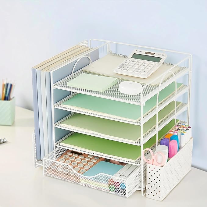 OUTIOE Desk Organizer with Drawer and Pen Holder, 5-Tier Paper Letter Tray Organizer with File Holder, Suitable for Workspace Organizer Office Supplies Storage (White)