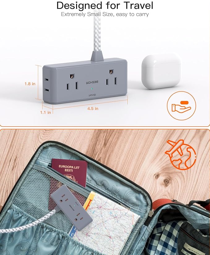 Extension Cord 15 ft, BESHON Flat Plug Power Strip, Long Power Strip, 4 Widely Outlets with 3 USB Ports (2 USB C), Extension Cord with Multiple Outlets for Home, Office, Dorm Room Essentials Gray