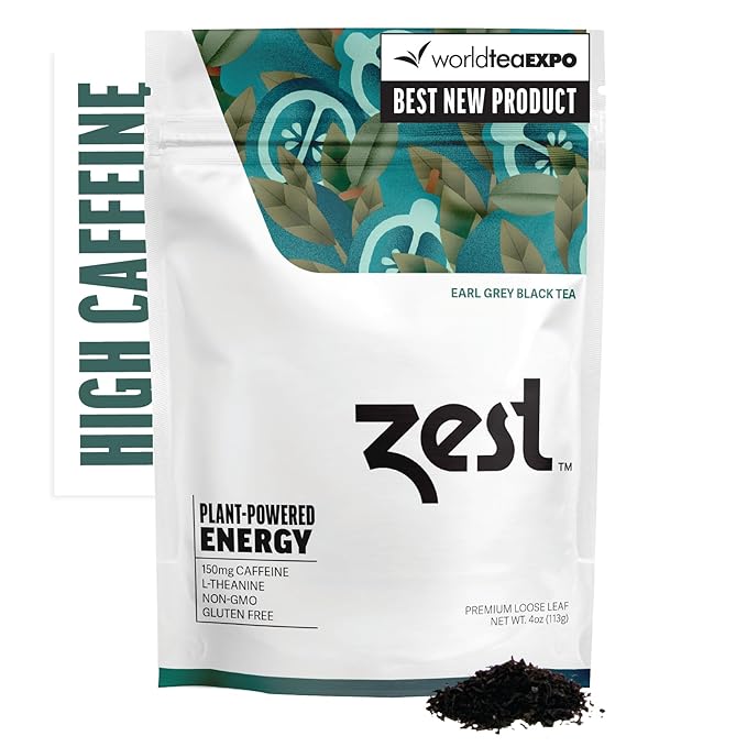 Zest 150mg High Caffeine Energy Loose Leaf Blend - Earl Grey Black Tea - 4 Oz - Hot or Iced - All Natural Strong Flavored Healthy Coffee Alternative Highly Caffeinated Substitute - Perfect for Keto