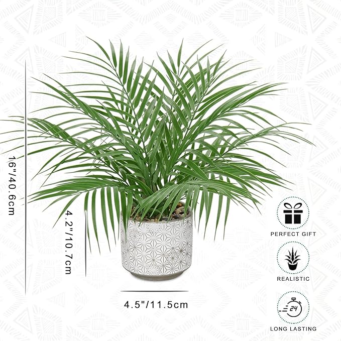 Hollyone Large Artificial Potted Plants Fake Palm Plants 16" Faux Tropical Palm Plant Tree in Ceramic Pots Bohemian for Home Room Office House Indoor Decoration