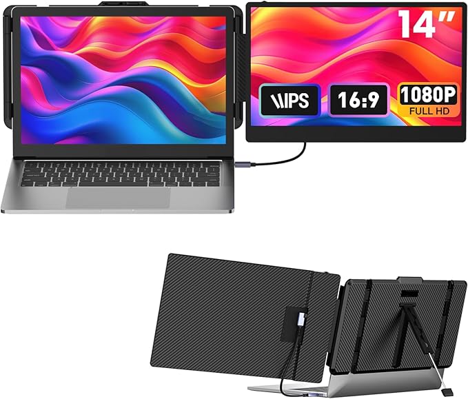 Laptop Screen Extender 14-inch, 1080P FHD Portable Monitor, Type-C/HDMI/USB-A Plug & Play, Laptop Monitor Extender fits Laptops with Screen up to 15.35" Wide, Compatible with Windows, Mac, Chrome