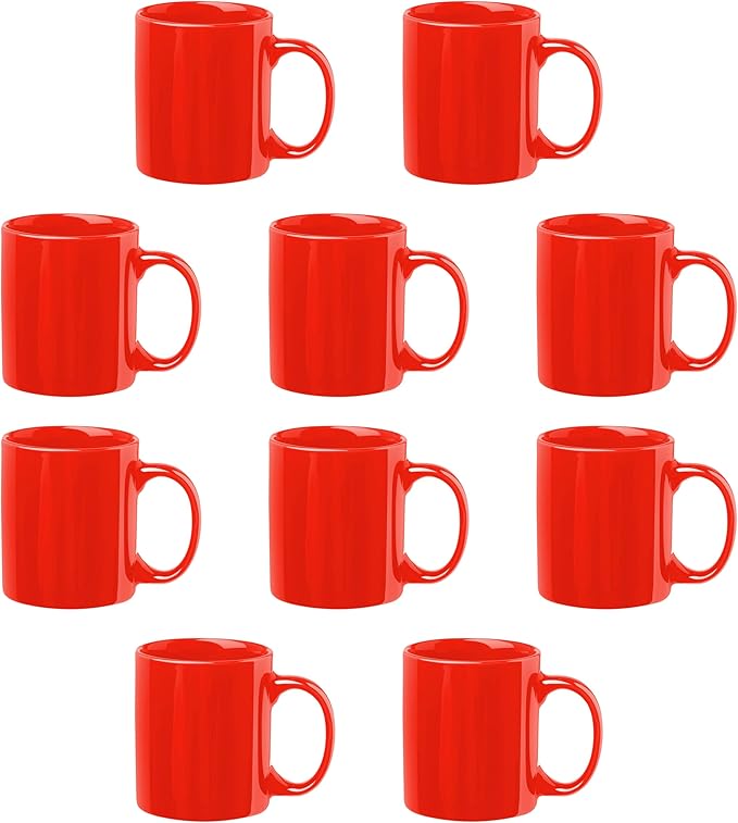 DISCOUNT PROMOS Ceramic Coffee Mugs 11 oz. Set of 10, Bulk Pack - Coffee cup set, Iced coffee cup, Gaming mug - Red