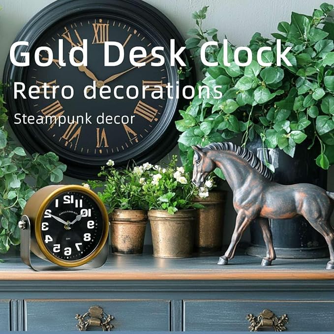 YOUKI Vintage Steampunk Desk Shelf Clocks,Mantle Clock,Decorative Battery Operated Table Top Clock,Quiet Non-Ticking,Small Clocks for Living Room,Bedroom,Office