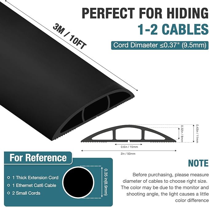 Floor Cord Cover, Cable Protector, 0.63W x 0.31H inches, Wire Cover for Extension Cords, Floor Cable Covers Prevent Cable Trips (Black, 50-10 Feet)