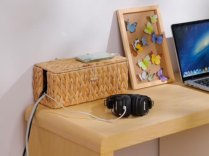Cable Management Box,Hand-Woven Water Hyacinth Decorative Cord Organizer,2 Side Open Slots Wicker Cable Box to Hide Cords and Power Strip,for Desk, Floor, Office,2 Pack