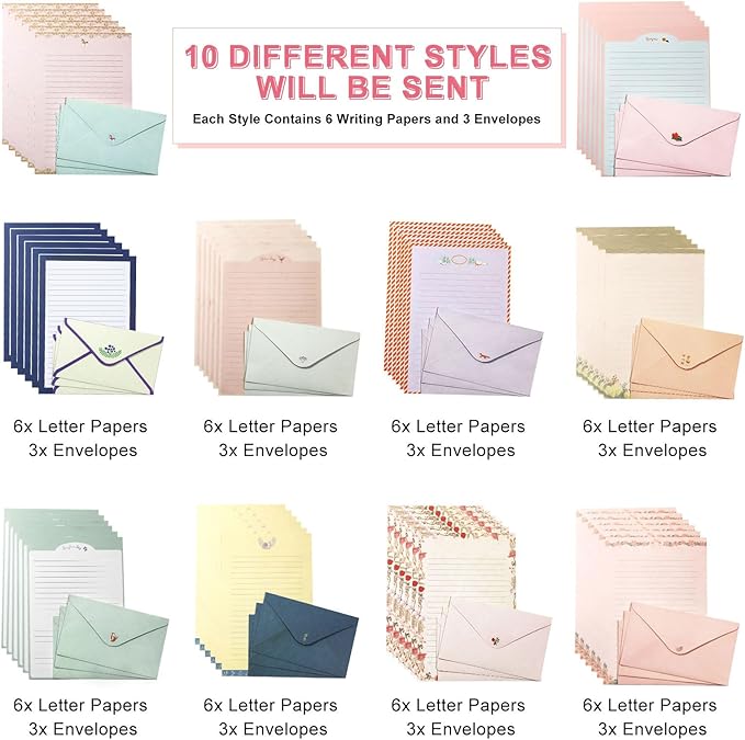 91 Pcs Stationery Paper Envelopes Set Includes 60 Lined Writing Paper & 30 Envelopes with 48 Colorful Round Dot Stickers, Cute Vintage Letter Writing and Stationery Paper Envelopes(10Style)