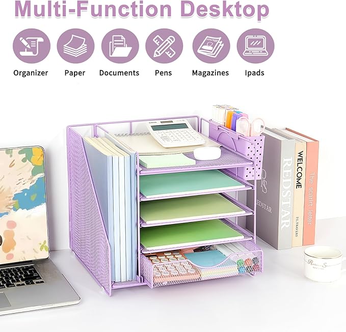 OUTIOE Desk Organizer with Drawer and Pen Holder, 5-Tier Paper Letter Tray Organizer with File Holder, Suitable for Workspace Organizer Office Supplies Storage (Purple)