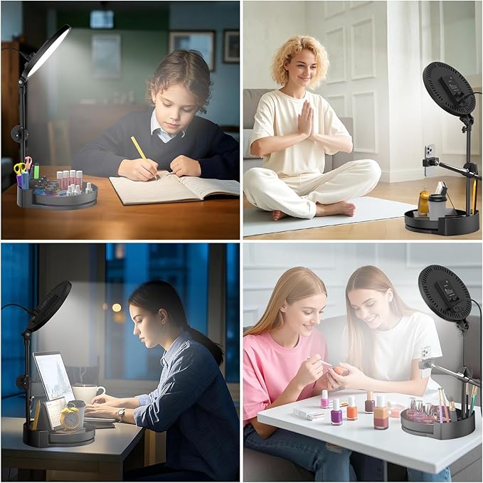 Selfie Light Kit for Desk and Laptop,55W Dimmable Full Screen Ring Light,with Rotating Storage Box,Pen Holder Stand,Phone Holder and Controller (Ice Blue, 10.5)