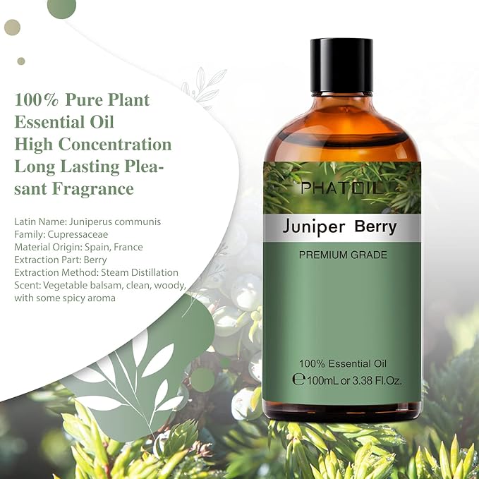 Juniper Berry 3.38fl.oz Essential Oil, PHATOIL Pure Aromatherapy Oils for Diffuser, Humidifier, Perfect for DIY Soap, Candle, Bath Bombs Making(100ml)