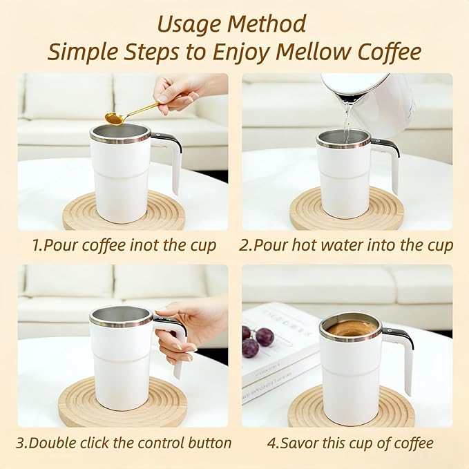 Automatic Magnetic Stirring Coffee Mug with Temperature Display, Rechargeable Self Stirring Mug, Portable Coffee Mug for Home Office Travel (White)