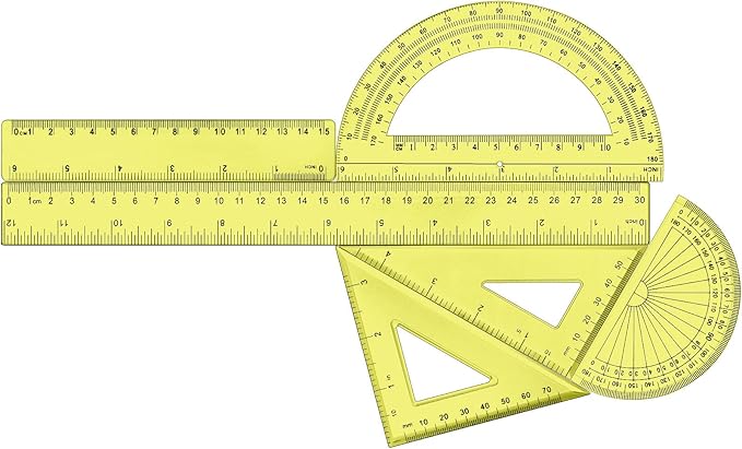 Tenare 1 Set Plastic Clear Math Set Includes Protractor Triangle Rulers 12 Inch 6 Inch Straight Geometry Math Transparent Ruler Measuring Tool for School Office Home Supplies(Yellow)