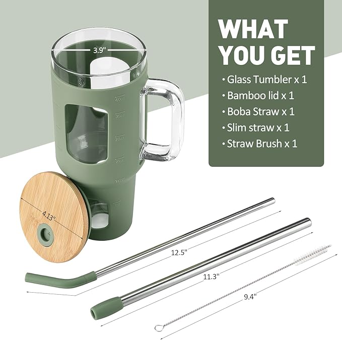 Glass Tumbler with Straw and Lid, 40 oz glass cup with handle, Glass Water Bottles with Time Marker, Silicone Protective Sleeve-Olive