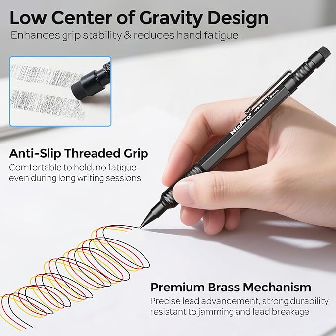 Nicpro 3 PCS 1.3 mm Blacke Mechanical Pencils Set with 48 Lead Refill, 3 Eraser - Weatherproof Metal Barrel, Heavy Duty Carpenter Pencil MP2000 for Outdoor Marking Drafting Drawing Woodworking