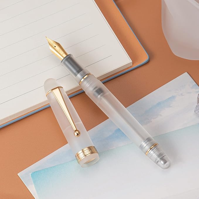 Asvine V126 Vacuum Filling Fountain Pen Gold Plated Fine Point, Frosted Transparent Clear Acrylic Pen Gift Case