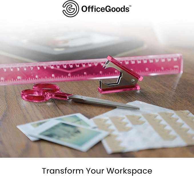 OfficeGoods 3 Piece Acrylic Desk Set - Includes Ruler, Staple Remover, Scissors - Functional & Elegant Desk Accessories - Stationery Tools for Home, Office, and School - Pink with Silver Metal