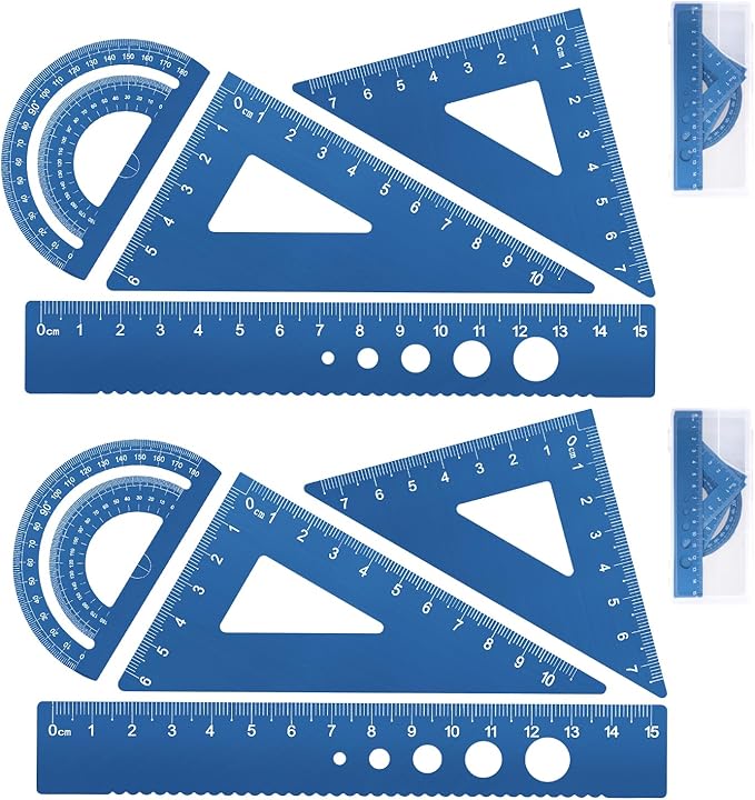 Honagu Triangular Ruler Set, 8 Pieces/2 Sets Aluminum Alloy Ruler, Metal Drafting Ruler, Geometric Protractor for Students, Draftsmen, Engineers, School Office Supplies (Blue+Blue)