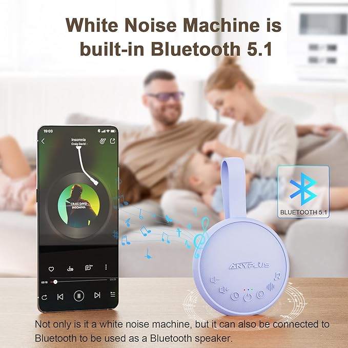 White Noise Sound Machine for Sleeping Adults & Baby, Portable Noise Machine with 24 Soothing Sounds, Bluetooth 5.1, Battery Powered, 3 Timer Settings, Memory Function for Home, Office, Travel(Purple)