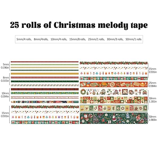 25 Rolls Christmas Gift Washi Tape Set, Festivals New Year Decorative Tapes for Scrapbooking, Junk Journal supplies, DIY Crafts Gift, Party Decorations, Bullet Journaling, 5-50mm Wide 9.84ft long/Roll