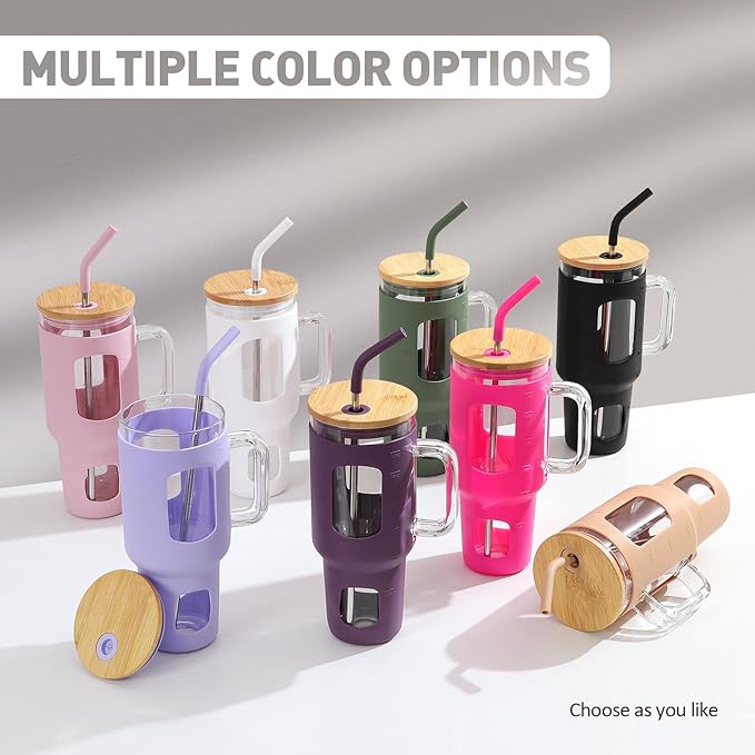 Glass Tumbler with Straw and Lid, 40 oz glass cup with handle, Glass Water Bottles with Time Marker, Silicone Protective Sleeve-Dark Purple