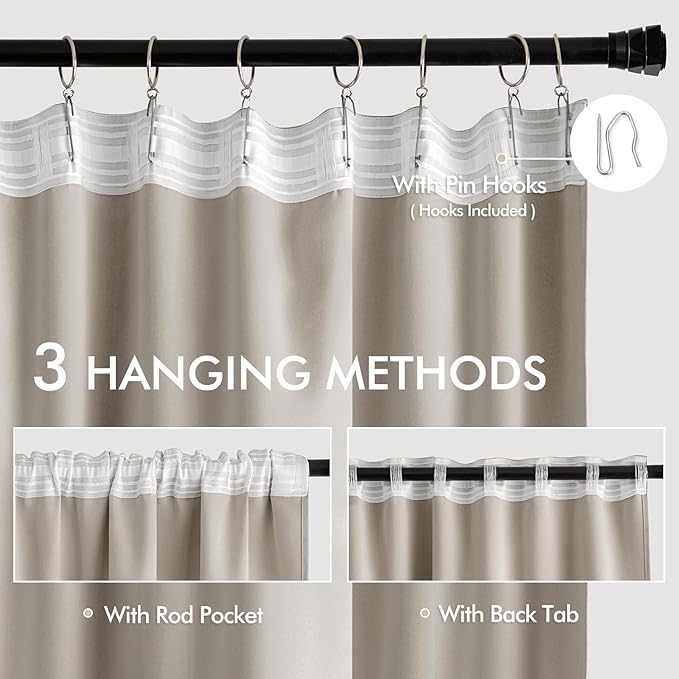 MIULEE Natural Back Tab Blackout Curtains 120 Inch Long 2 Panels Set