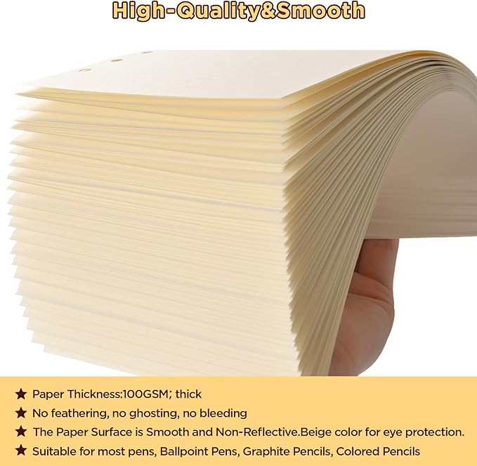 A6 6-Hole Blank Loose-Leaf Paper, Beige – Refill Pages for Standard A6 6-Ring Binder, Journals, Planners – Ideal for Office, Study, Recipes, Travel & Budgeting – 80 Sheets