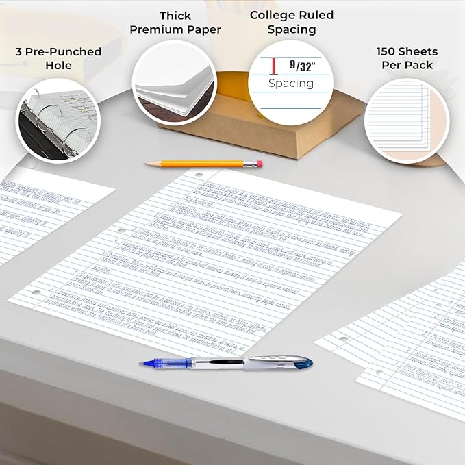 Rosmonde Loose Leaf Paper, 450 Sheets, 3 Pack, College Ruled Paper, 8" x 10.5", Bulk Office Filler Paper, 3 Hole Punched, 150 Sheets/Pack, 56 gsm Paper, College Ruled Notebook Paper for Binder, White