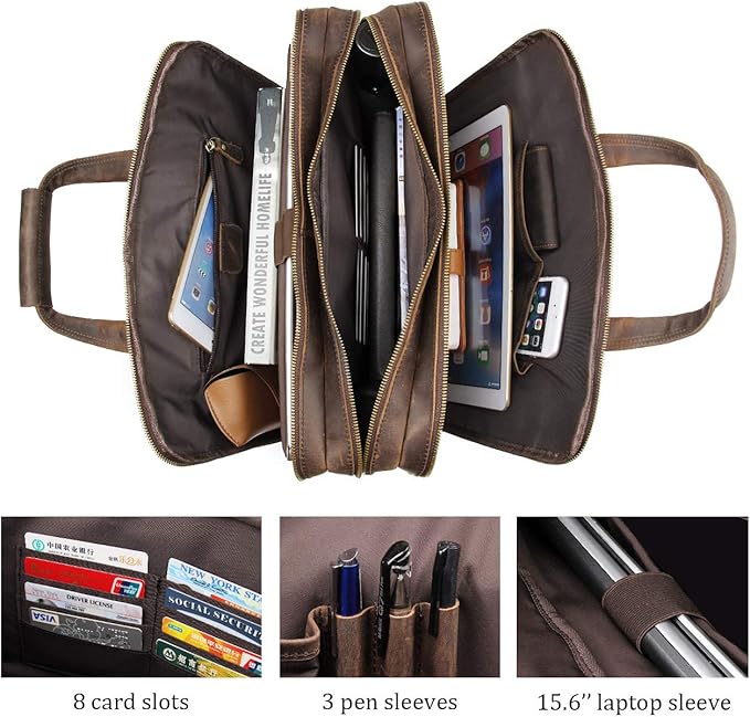 Augus Leather Briefcase for Men Business Travel Messenger Bags 15.6 Inch Laptop Bag YKK Metal Zipper, Brown