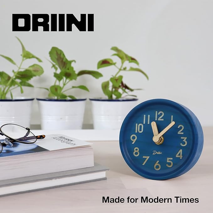 Driini Wooden Analog Desktop Clock – 4.3 in. Decorative Pinewood, No-Tick Design – Easy to Read Silent Sweep Mantle Clock – Quiet Tabletop Clocks with Wood Body, Hands, & Battery Cover; Blue