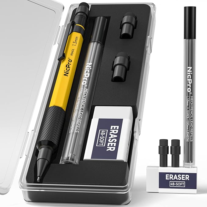 Nicpro 1.3 mm Mechanical Pencil Set with 12 Lead Refill, Eraser - Weatherproof Metal MP2000 Heavy Duty Carpenter Pencil for Outdoor Marking Drafting Drawing Sketching Woodworking - with Case