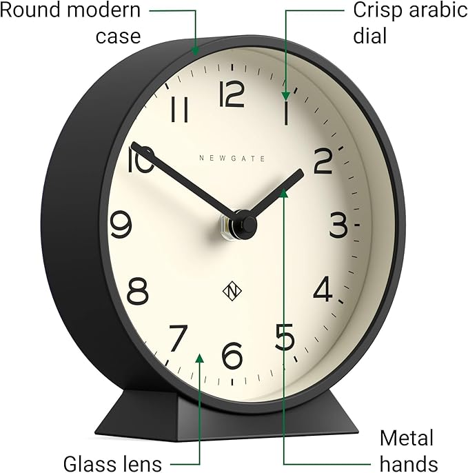 NEWGATE® M Mantel Echo Desk Clock | Modern Round Design | Black | Easy to Read Numbers | Contemporary Style for Desk, Table, Shelf or Bedside