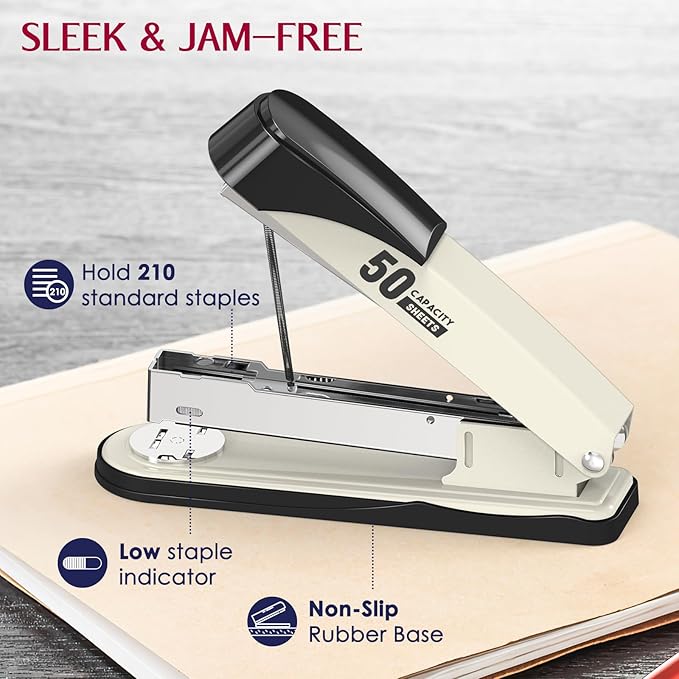 Metal Stapler Heavy Duty 50 Sheet Capacity with 1750 Staples and Staple Remover, Full Strip Staplers for Desk, No Jam, Non-Slip for Office & Classroom, White