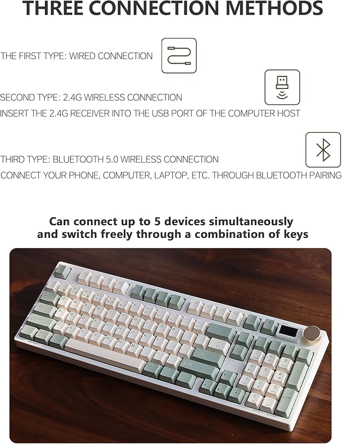 NJ98 Wireless Custom Mechanical Keyboard with Screen Knob 96% Hot Swappable RGB Keyboard Mac Windows (Pale Green, Brass Plate-Box Deep Sea)