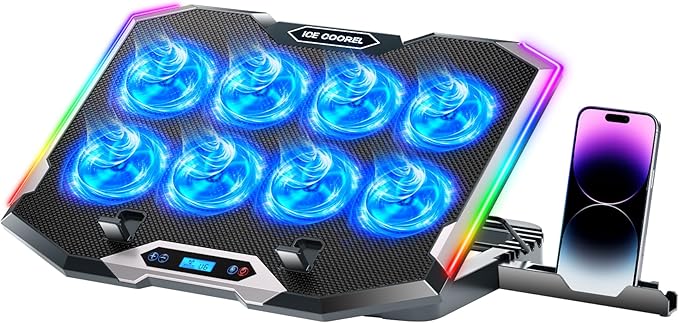 ICE COOREL Gaming Laptop Cooling Pad with 8 Cooling Fans, Laptop Fan Cooler Pad for 15-17.3 Inch, Notebook Cooler Stand with 6 Height Adjustable, RGB Cooling Pad with Two USB Port + Phone Stand