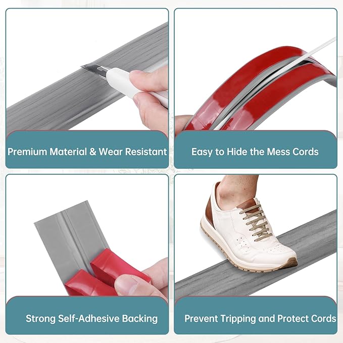 Floor Cord Cover Self Adhesive Cord Hider Floor Extension Cord Covers for Floor Power Cord Protector Cable Management Prevent Cable Trips Cable Cavity 0.59" W x 0.31" H (Light Grey Wood, 10Ft)