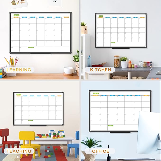 JILoffice Dry Erase Calendar Whiteboard - Magnetic White Board Calendar Monthly 36 X 24 Inch, 2 Pack, Black Aluminium Frame Wall Mounted Board for Office Home and School