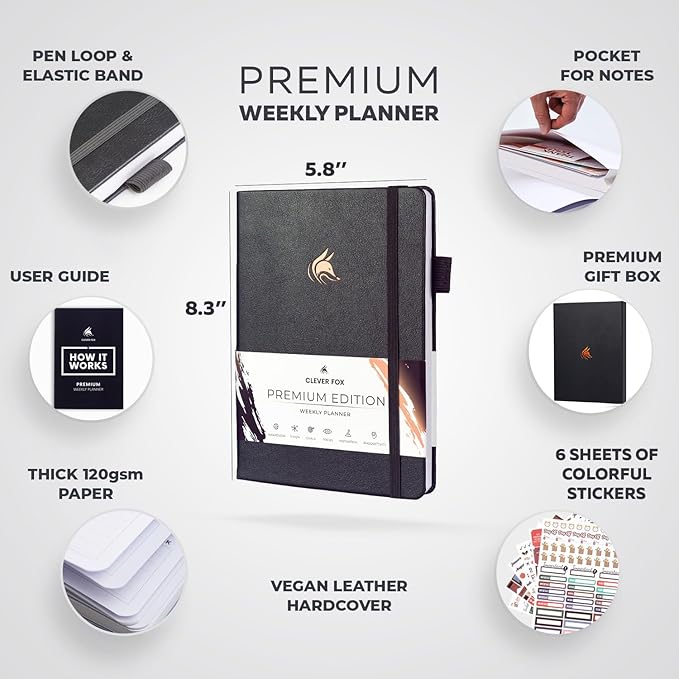 Clever Fox Planner Premium Edition – Undated Luxurious Weekly & Monthly Planner to Increase Productivity and Hit Your Goals – Organizer – Start Anytime, A5, Lasts 1 Year, Silver Black (Weekly)