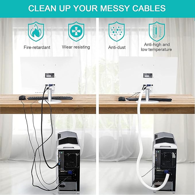 20ft - 3/8 inch White Cable Sleeve, Cable Organizer for Desk PC TV Computer, Wire Protector Cable Wrap Cover, Cord Management for Home Office