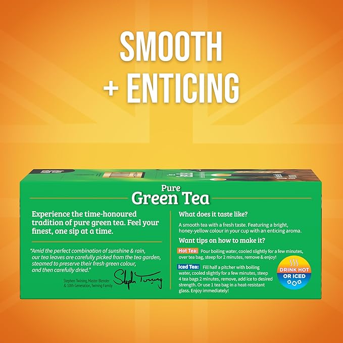 Twinings Pure Green Tea Individually Wrapped Bags, 100 Count (Pack of 1), Smooth & Refreshing, Caffeinated, Enjoy Hot or Iced, 100 Teabags