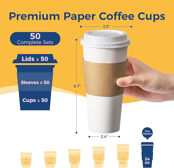 Fit Meal Prep 50 Pack 24 oz Disposable Coffee Cups with Lids, Sleeves, Leak-Proof To Go Coffee Cups with Lids, Durable Hot Paper Cups for Home, Office, Party, Business