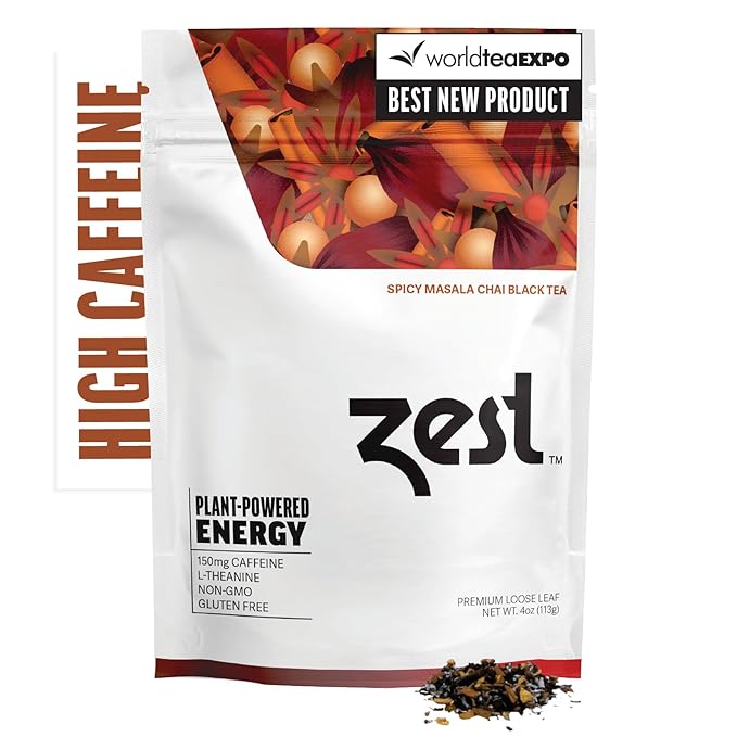 Zest Energy Black Tea - Spicy Masala Chai Loose Leaf Blend - High Caffeine Cardamom Ginger Tea with Cinnamon - Caffeinated Coffee Altnernative - Natural, Non-GMO & Keto - 50 Servings - 150mg Caf
