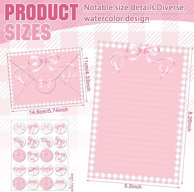 TaoBary 160 Pcs Stationery Paper Set 50 Double Sided Stationery Papers with 50 Matching Envelopes and 60 Round Dot Sticker, 10 Design(Pink Bow,5.5 x 8.25 Inch)