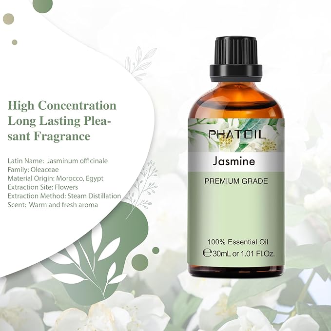 Jasmine Essential Oil 1.01fl.oz/30ml, PHATOIL Jasmine Oils Long Lasting Scents for Aromatherapy, Diffuser, DIY Soap and Candle Making