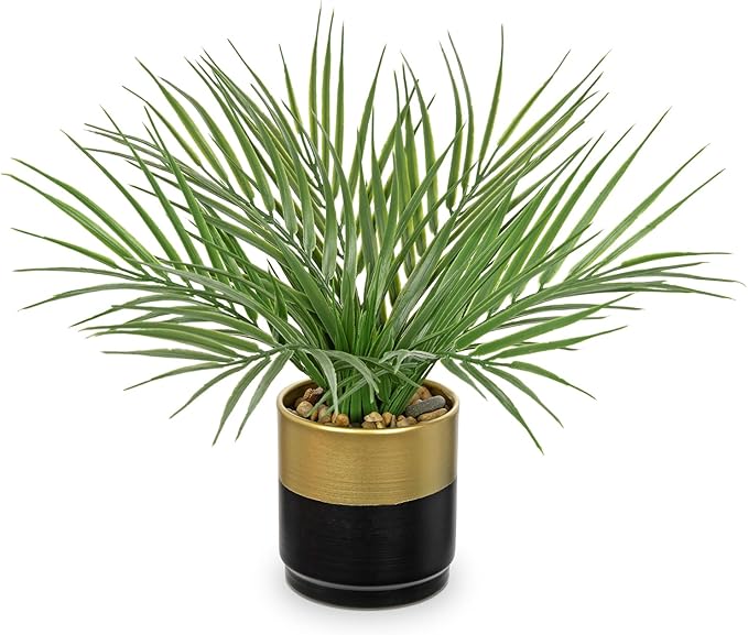 Hollyone Large Artificial Potted Plants Fake Palm Plants 13" Faux Tropical Palm Plant Tree in Gold and Black Metal Pots for Home Room Office House Indoor Decoration