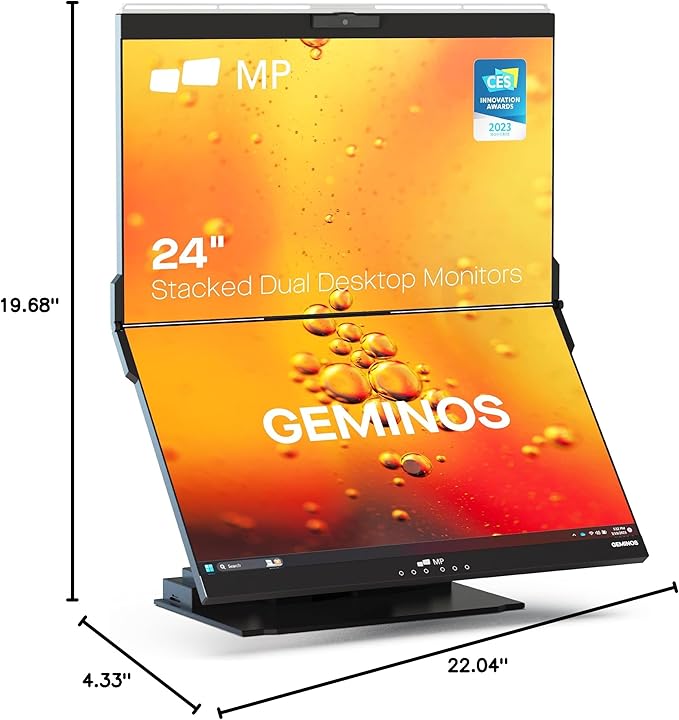 Mobile Pixels Geminos, Dual 24" IPS Stacked Computer Monitors with 65W USB-C Charging, with Adjustable Viewing Angle and 1080p Webcam and 3W Speakers, Multiport Docking Station (Desktop Monitor)