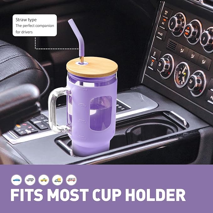 Glass Tumbler with Straw and Lid, 40 oz glass cup with handle, Glass Water Bottles with Time Marker, Silicone Protective Sleeve-Purple