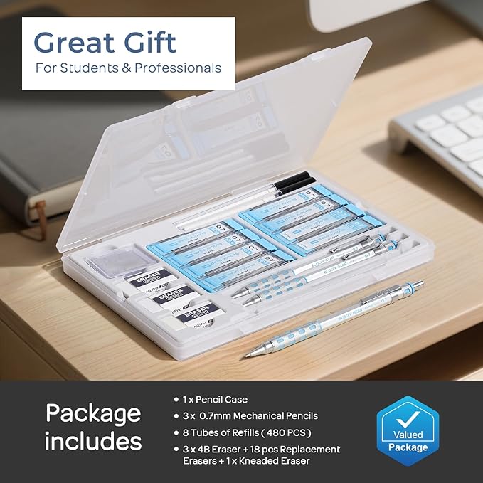 Nicpro 3 Pack Blocky Gear 0.7 mm Metal Mechanical Pencils Set with Case, Lead Drafting Pencil with 8 Tube (480PCS) Lead Refills(HB 2B), 4 Erasers, 18 Eraser Refills for Art Writing, Sketching Drawing