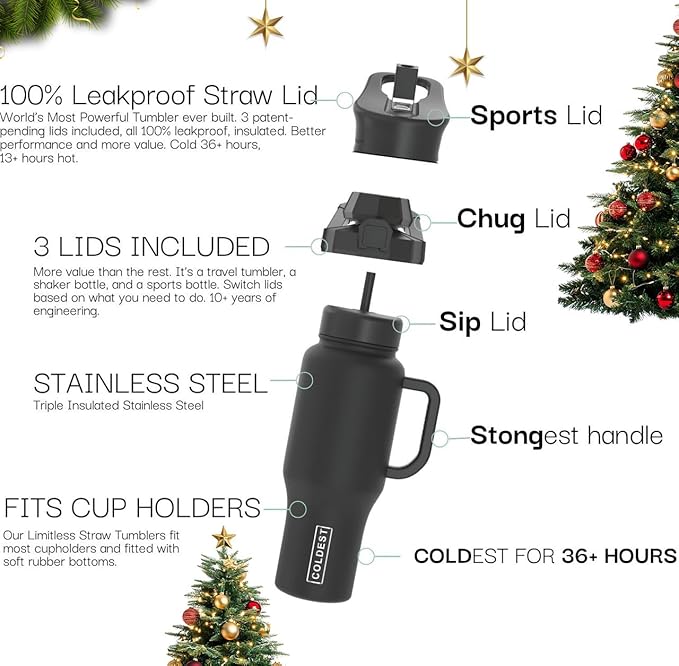 Coldest Tumbler with Handle and Straw, 100% Leak Proof Insulated Tumbler with Lid and Straw (3 Lids), Stainless Steel Tumblers for Women & Men, Cup Holder Friendly, 36 oz (Black Checkers)