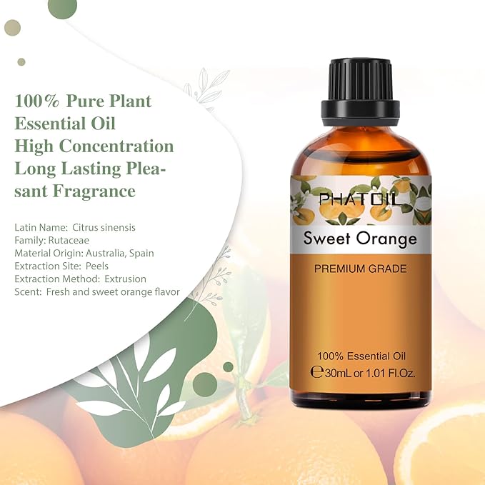PHATOIL 30ML Sweet Orange Essential Oil, for Aromatherapy Diffusers, Humidifiers, Great for DIY Candle and Soap Making