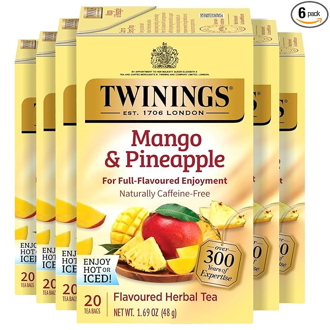 Twinings Mango & Pineapple Herbal Tea Individually Wrapped Bags, 20 Count (Pack of 6), Naturally Caffeine-Free, Enjoy Hot or Iced, 120 Teabags